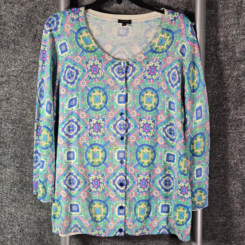 Talbots Womens XL Cardigan Sweater Blue Green Pink Geometric Medallion Print 3/4
